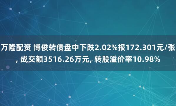 万隆配资 博俊转债盘中下跌2.02%报172.301元/张, 成交额3516.26万元, 转股溢价率10.98%